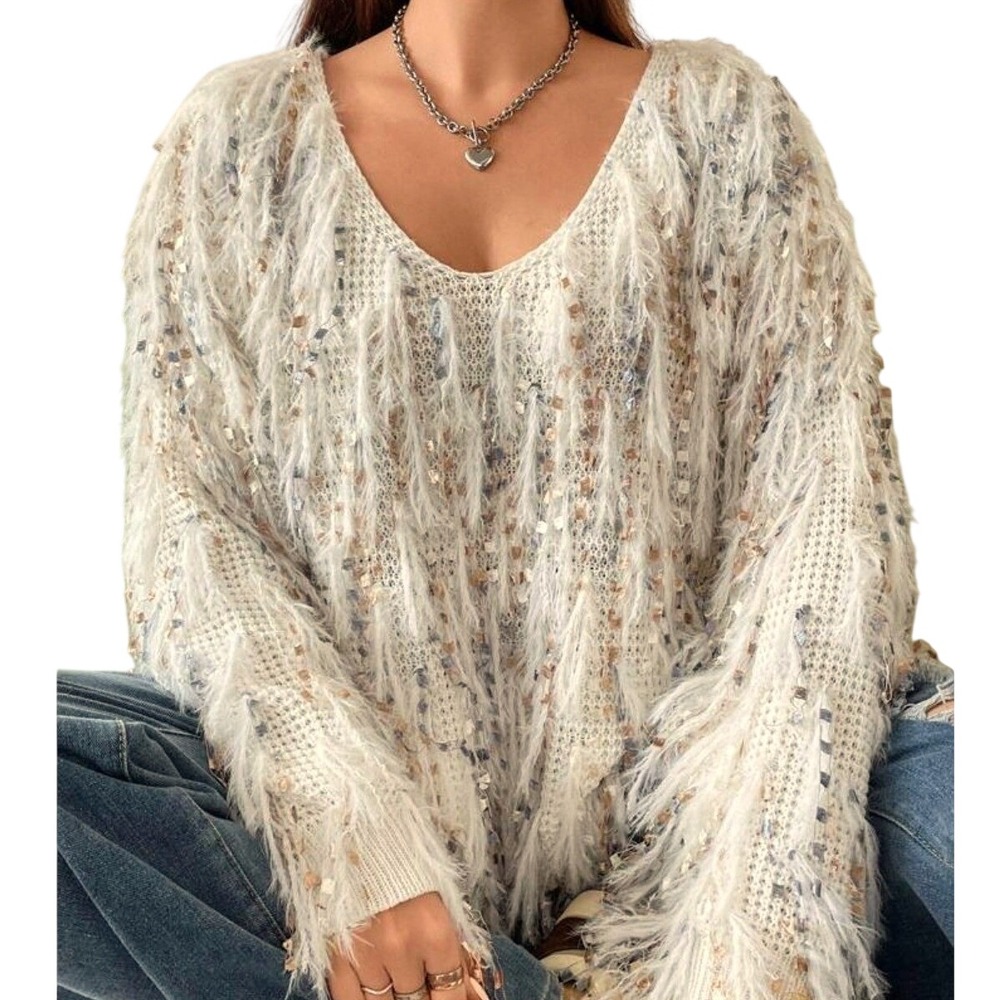 Boho Shaggy Fringe Sequin V-Neck Sweater 4X Cream Metallic Sparkle Oversize Knit
